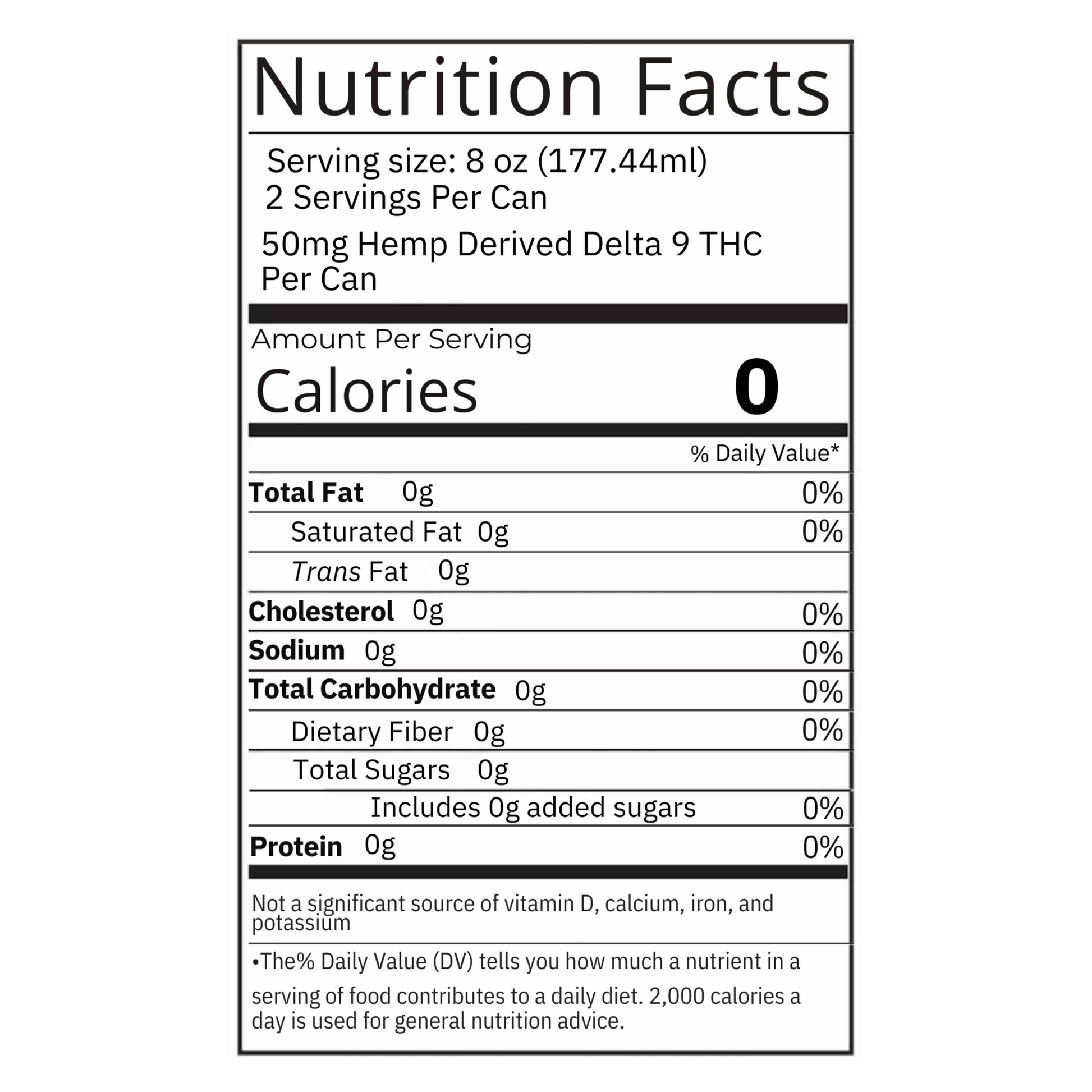 A close-up of the nutrition facts panel for Nano 9's 50mg THC Seltzer. Key information includes 0 calories, 0g carbohydrates, 0g sugar, and 50mg of total THC.