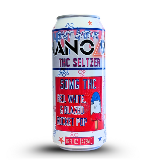 Nano 9 50mg THC beverage with Rocket Pop flavor. This fast-acting hemp seltzer is non-alcoholic and contains zero carbs, calories, and sugar.