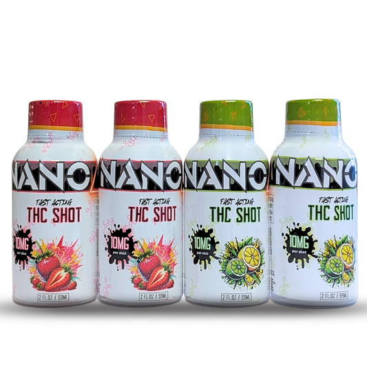 Shop Nano 9 4-pack of 10mg fast-acting nano THC shots online. Variety pack includes 2 each of strawberry and citrus flavors.