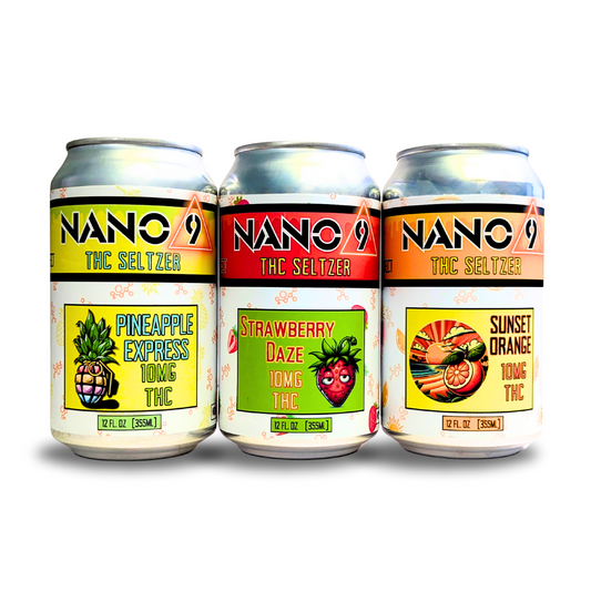 A variety of three THC seltzer cans with different flavors: Pineapple Express, Strawberry Daze, and Sunset Orange, each labeled with their respective names and images of the fruits associated with the flavors.