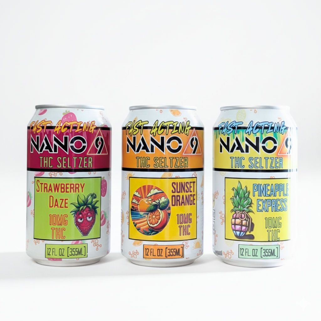 3 cans of Nano 9 THC Seltzer on a white background, each can a different flavor. Strawberry Daze, Sunset Orange, and Pineapple Express.