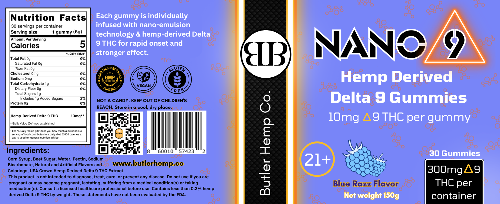 Butler Hemp Co. Nano 9 Hemp Derived Delta 9 Gummies label with branding and product details.