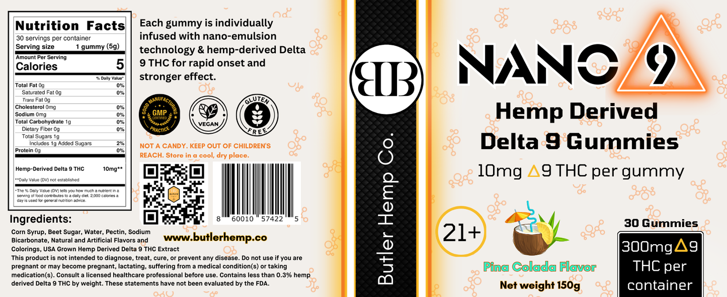 Butler Hemp Co. Nano 9 Hemp Derived Delta 9 Gummies label with branding and product details.