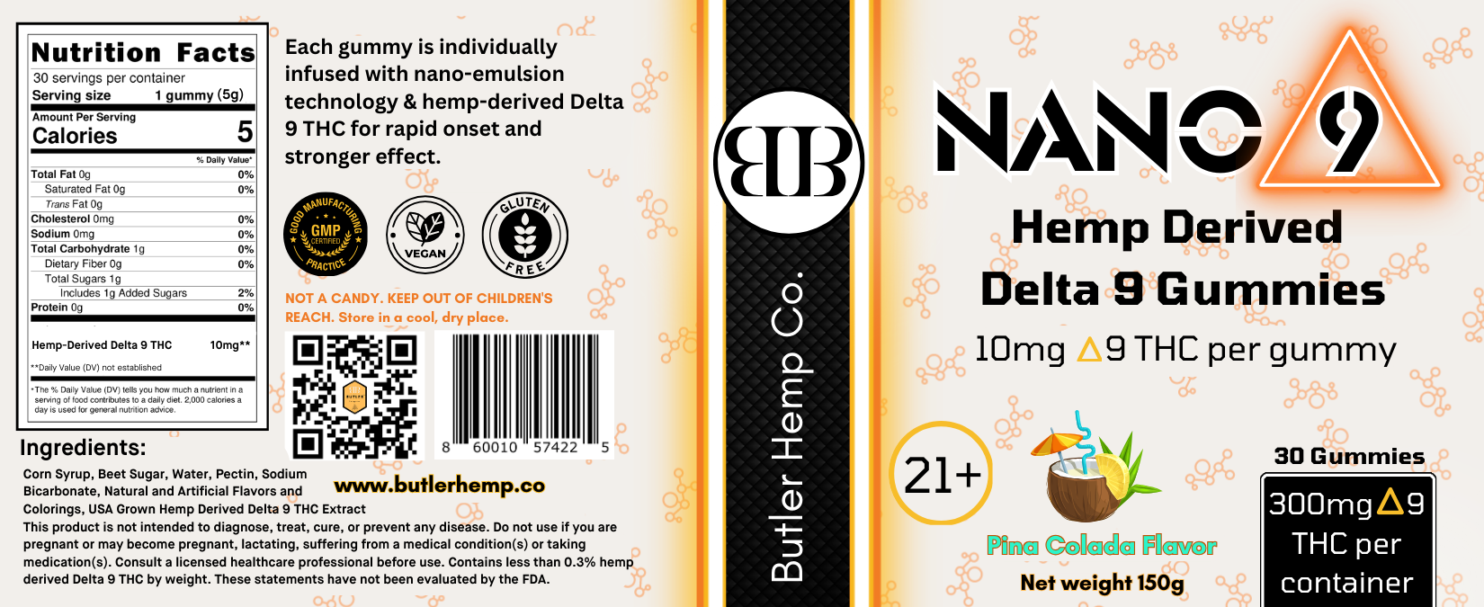 Butler Hemp Co. Nano 9 Hemp Derived Delta 9 Gummies label with branding and product details.