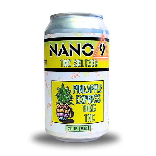 A can of Nano 9 THC Seltzer with Pineapple Express flavor, 10mg strength indication, and a graphic of a pineapple. The can is 12 fl oz (340 ml).