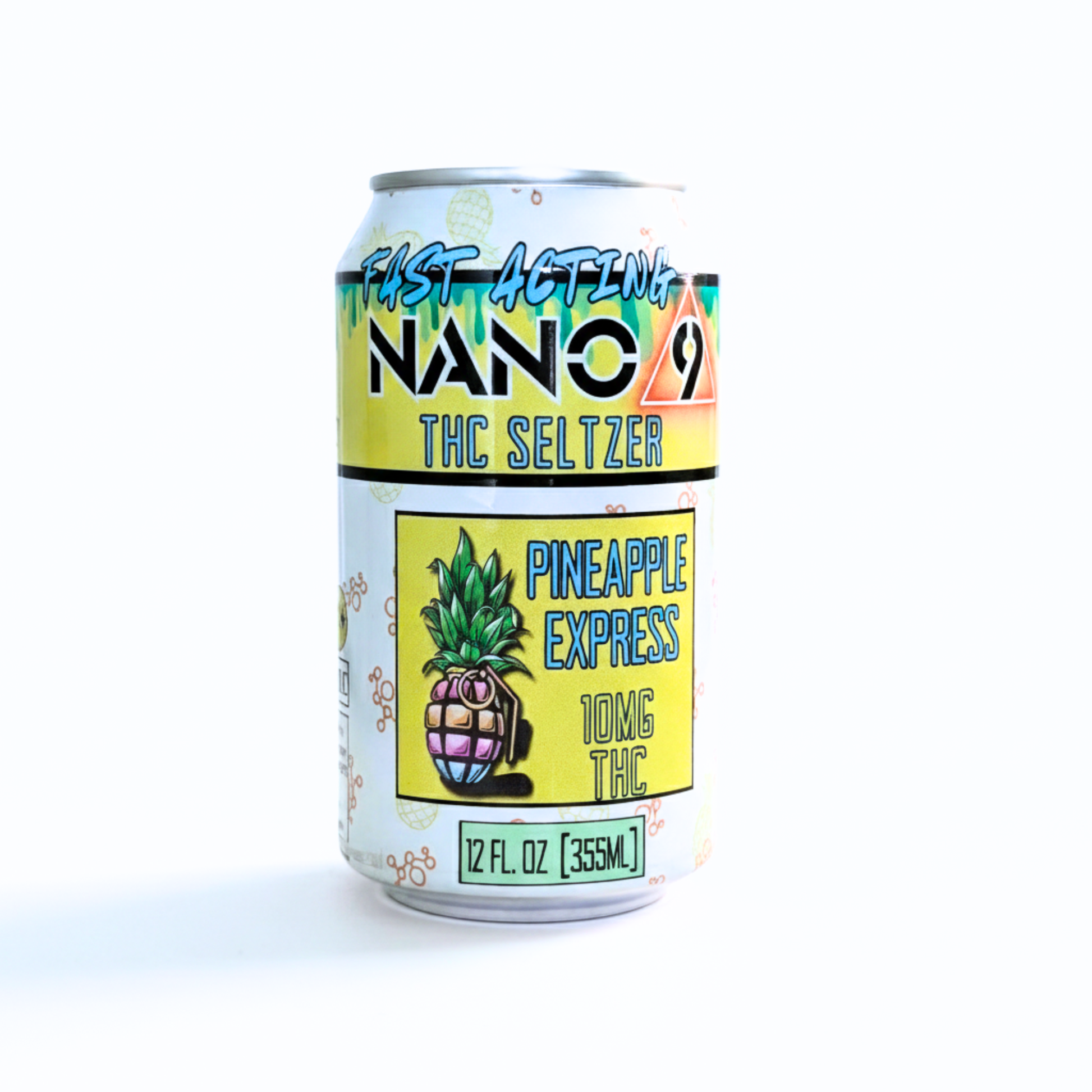 10mg hemp-derived Delta-9 THC Pineapple Express seltzer cans by Nano 9, alcohol-free and sugar-free, shown in a 12 oz can design.