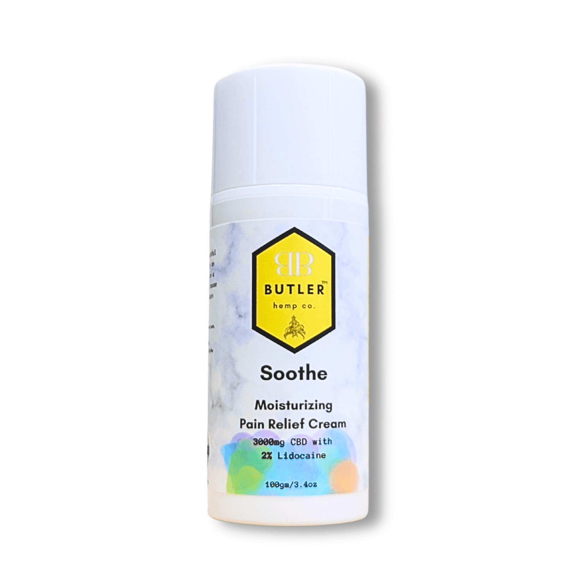 Butler Soothe Moisturizing Relief Cream. A lightly scented citrus-vanilla scented lotion packed with shea butter and aloe and loaded with 3000mg of hemp extract and 2% lidocaine that creates an intensely moisturizing and soothing daily pain relief aid. Perfect for treating dull and aching joint pain and helping soothe inflamed or raw skin.Edit
