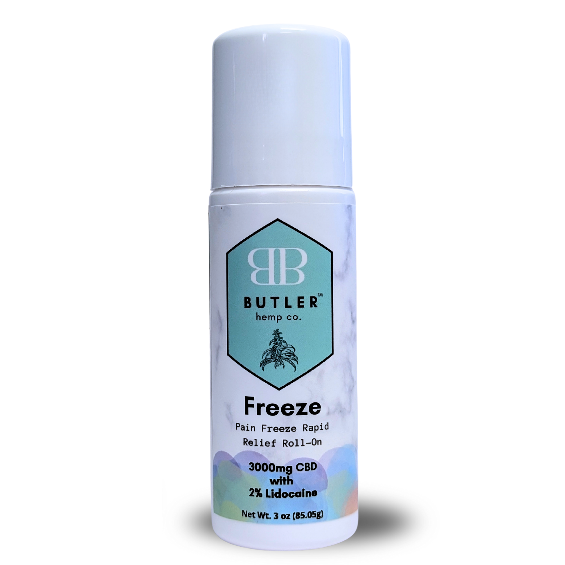 Bottle of Butler Freeze Pain Relief Roll-On shown upright, a high-potency 3000 mg CBD topical with 2 percent lidocaine designed to cool, numb, and soothe pulled muscles, stiff necks, and joint discomfort.