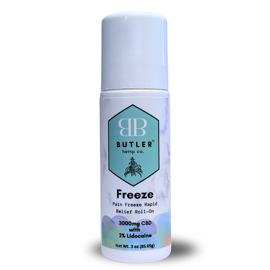 Bottle of Butler Freeze Pain Relief Roll-On shown upright, a high-potency 3000 mg CBD topical with 2 percent lidocaine designed to cool, numb, and soothe pulled muscles, stiff necks, and joint discomfort.