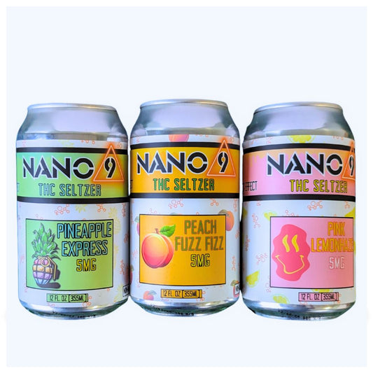 5mg Nano 9 THC Canned Seltzers in Pineapple, Peach, and Pink Lemonhaze flavors