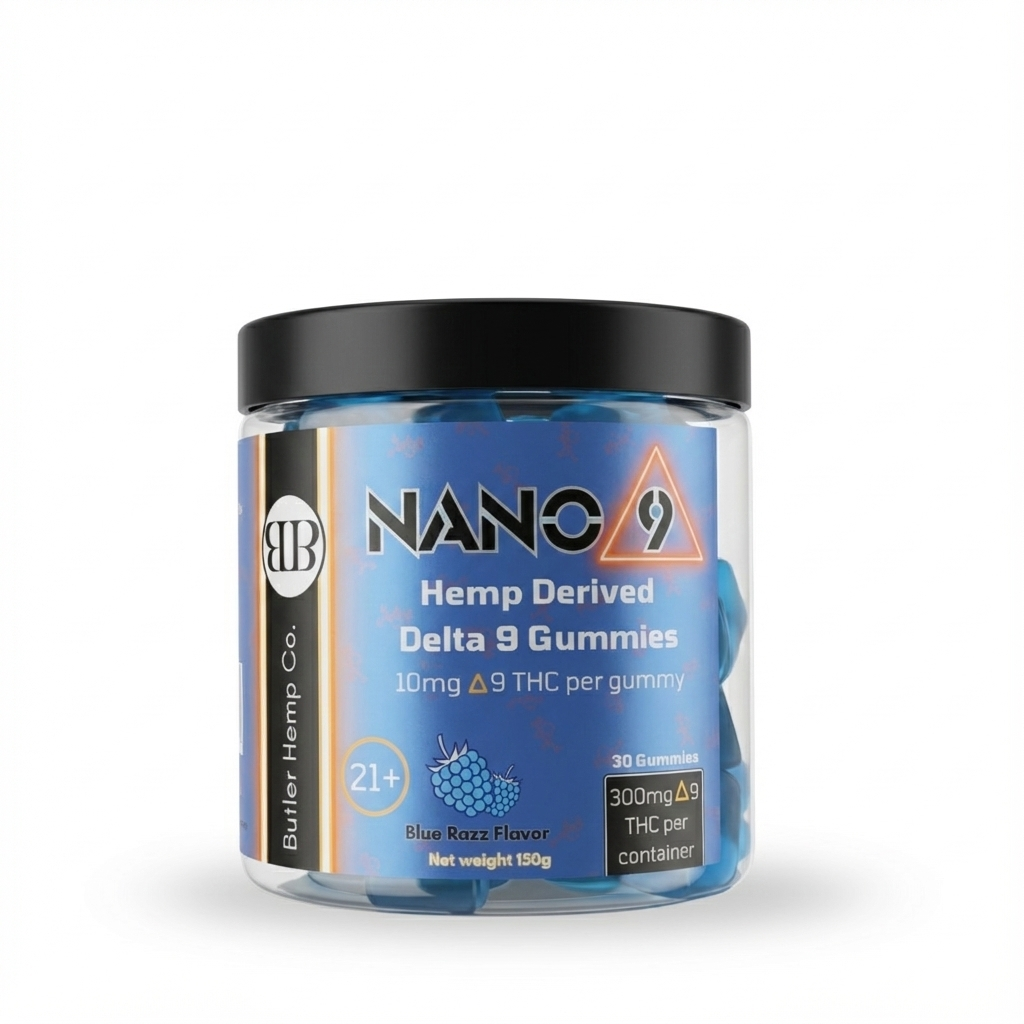 30 count Jar of Blue Razz Nano 9 Hemp Derived Delta 9 Gummies with Butler Hemp Co. branding on a white background