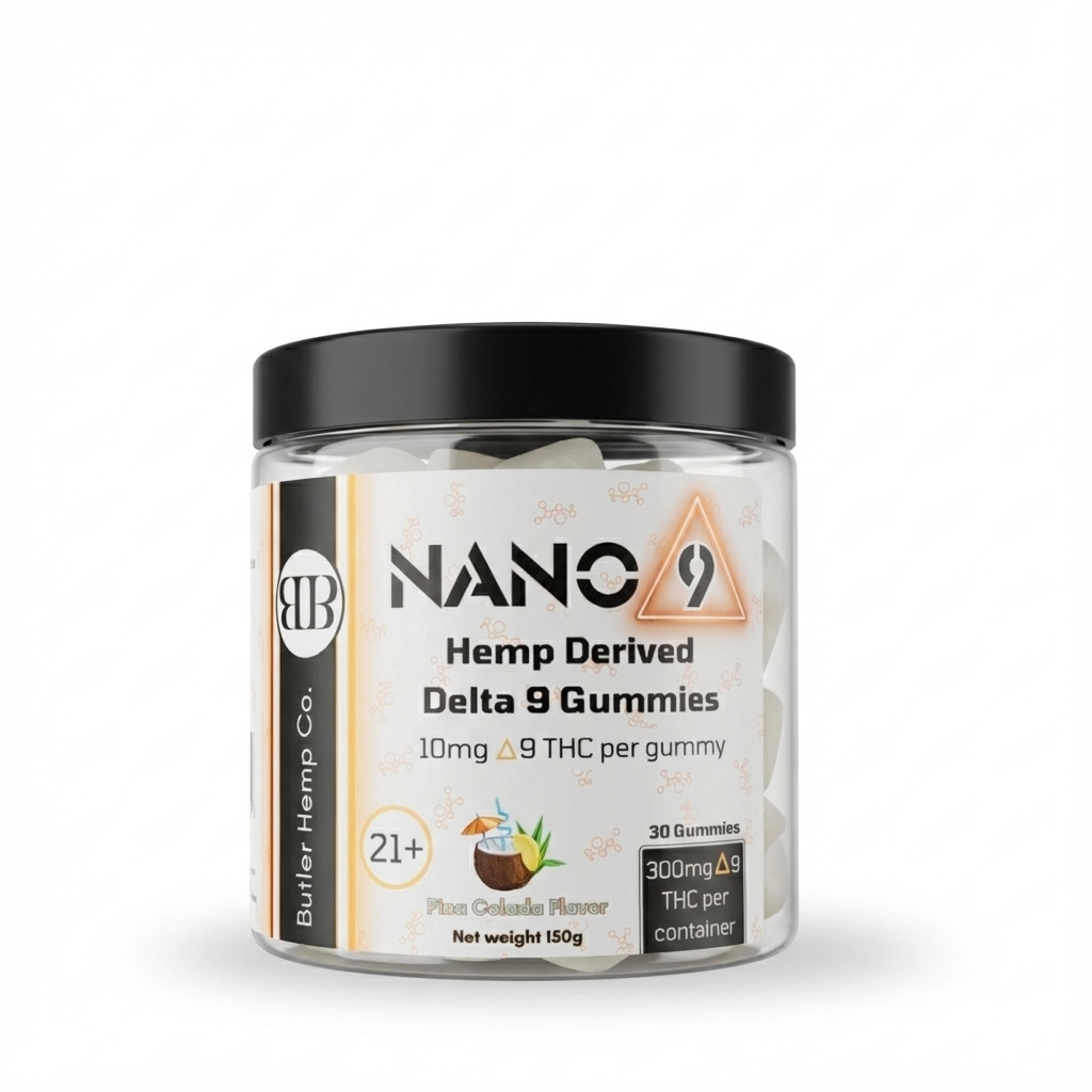 30 count Jar of Pina Colada flavor Nano Hemp Derived Delta 9 Gummies with a black lid on a white background.