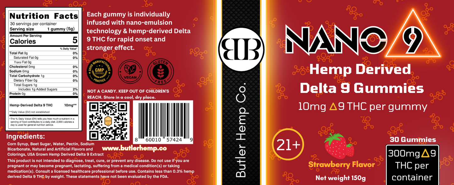 Butler Hemp Co. Nano 9 Hemp Derived Delta 9 Gummies label with branding and product details.