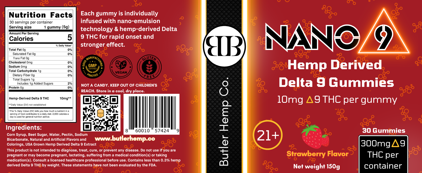 Butler Hemp Co. Nano 9 Hemp Derived Delta 9 Gummies label with branding and product details.