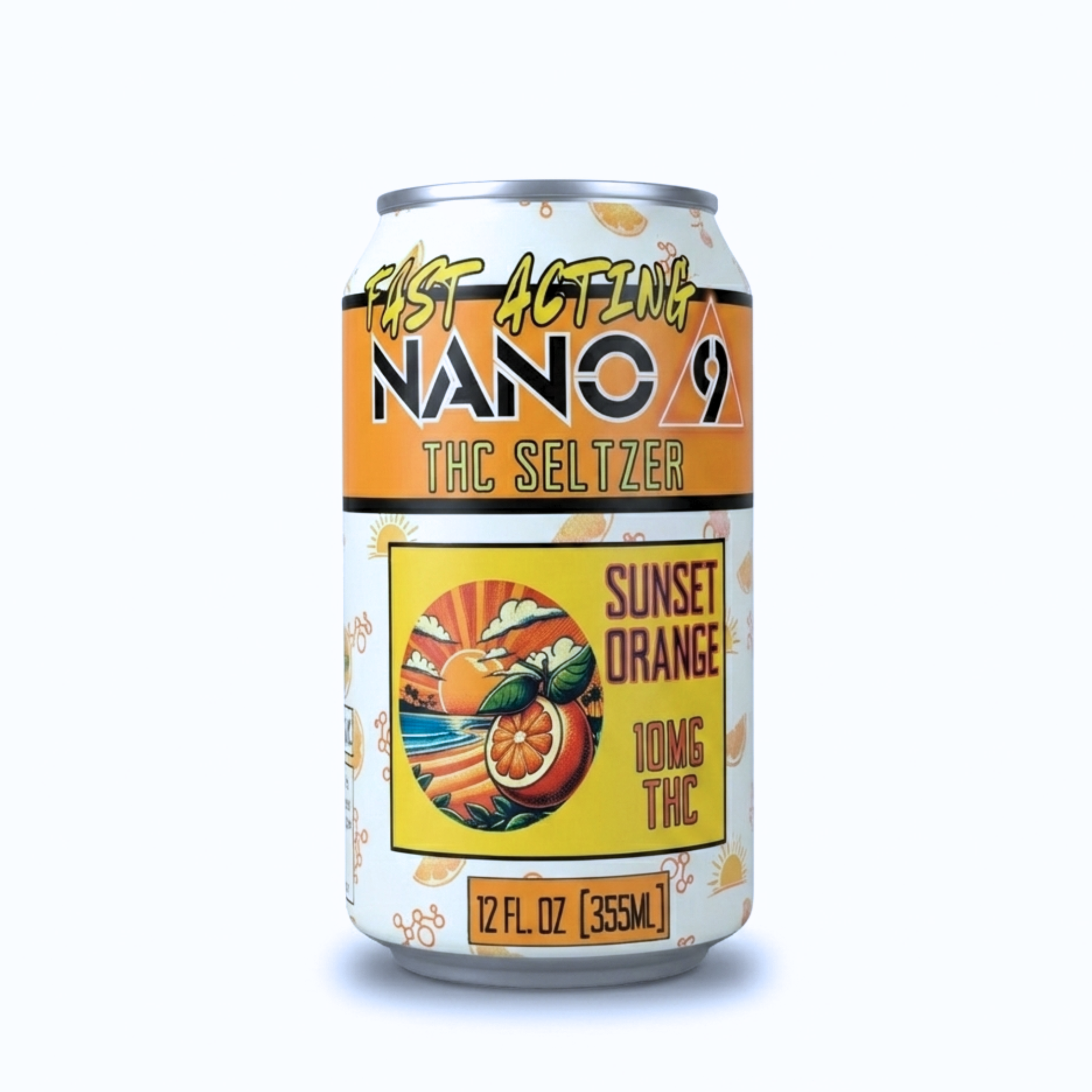 Nano 9 Sunset Orange 10mg THC seltzer in a 12 oz can, hemp-derived and alcohol-free